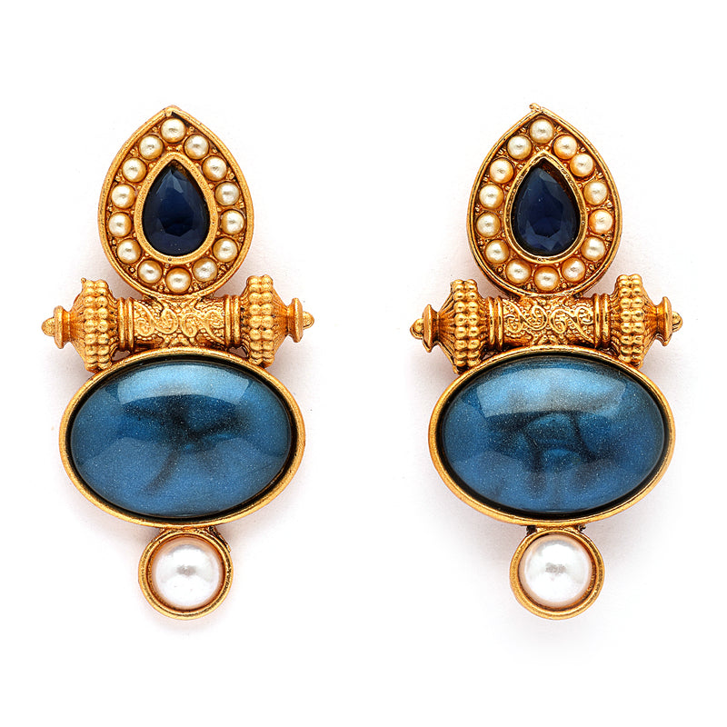Traditional Gold Plated Oval Shaped Blue Stone And Pearl Studded Earrings