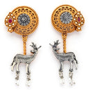 Oxidised Gold Plated Dual Toned Deer Shaped Pearl Beaded Drop Earrings
