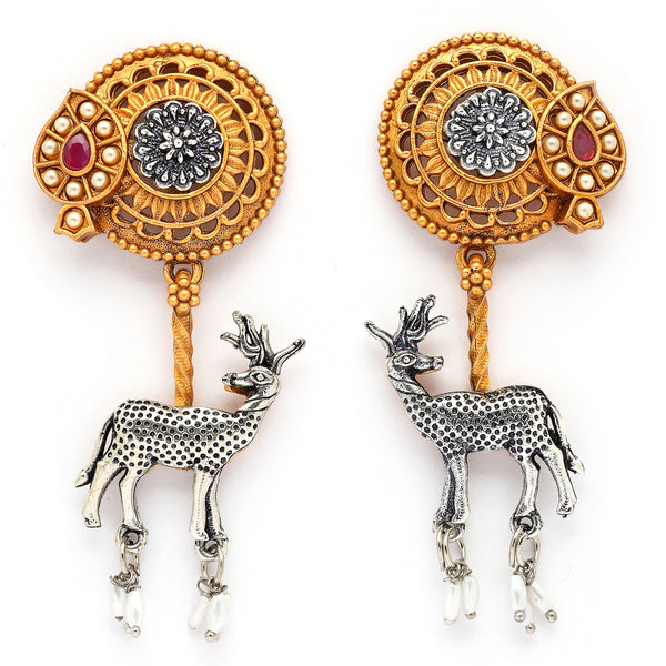 Oxidised Gold Plated Dual Toned Deer Shaped Pearl Beaded Drop Earrings