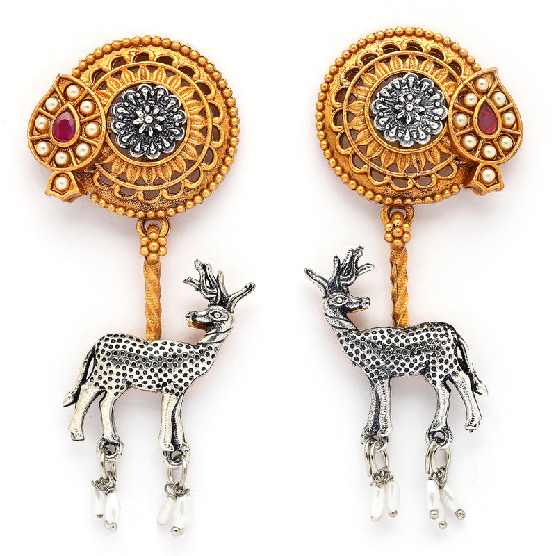 Oxidised Gold Plated Dual Toned Deer Shaped Pearl Beaded Drop Earrings