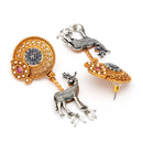 Oxidised Gold Plated Dual Toned Deer Shaped Pearl Beaded Drop Earrings