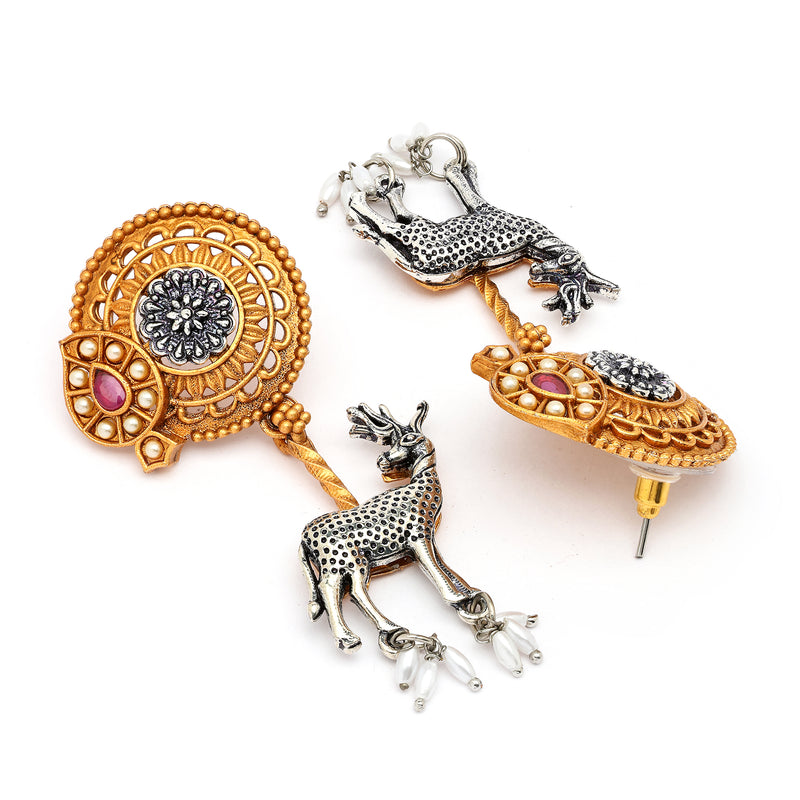Oxidised Gold Plated Dual Toned Deer Shaped Pearl Beaded Drop Earrings