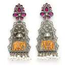 Oxidised Silver Plated Dual Toned Elephant Shaped Pearl Beaded Dangler Earrings