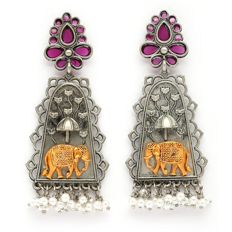 Oxidised Silver Plated Dual Toned Elephant Shaped Pearl Beaded Dangler Earrings