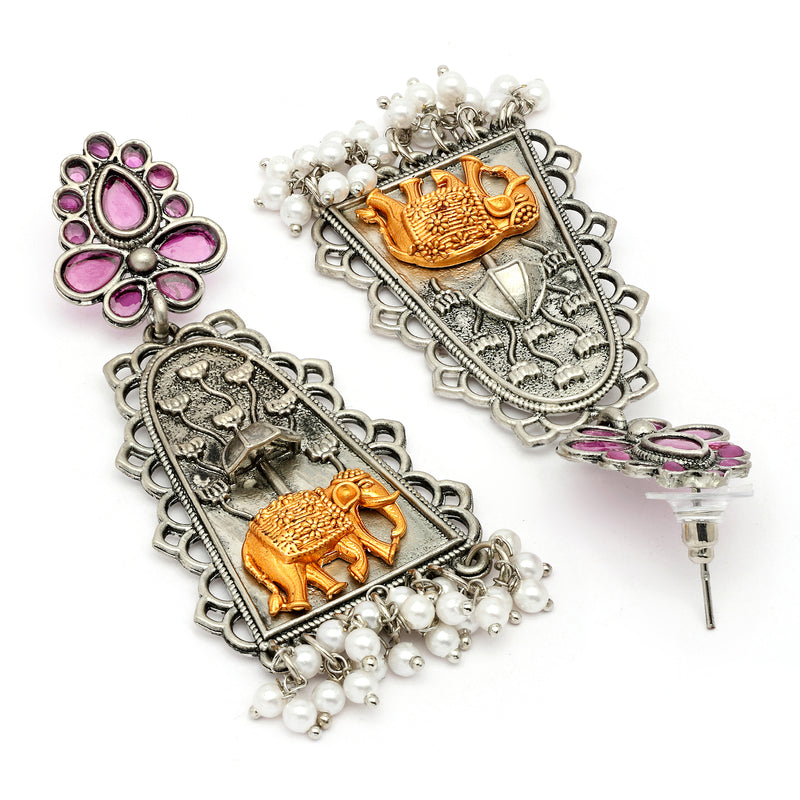 Oxidised Silver Plated Dual Toned Elephant Shaped Pearl Beaded Dangler Earrings