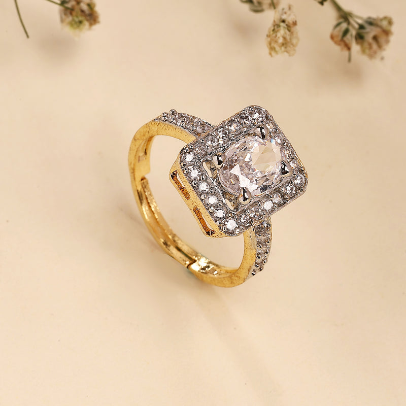 Gold Plated Square Shaped White American Diamond Studded Adjustable Ring