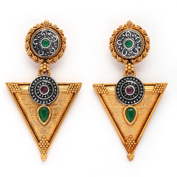 Oxidised Gold Plated Triangle Shaped Green CZ Studded Earrings