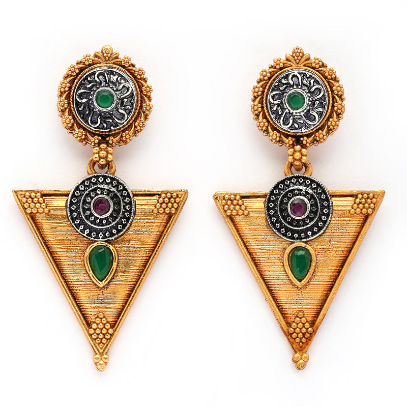 Oxidised Gold Plated Triangle Shaped Green CZ Studded Earrings