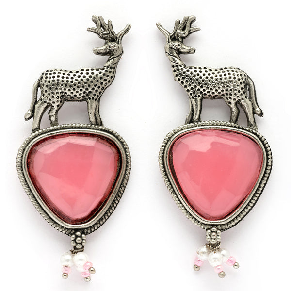 Oxidised Silver Toned Deer Shaped Pink CZ Stone Studded Pearl Beaded Earrings