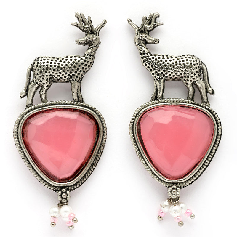 Oxidised Silver Toned Deer Shaped Pink CZ Stone Studded Pearl Beaded Earrings