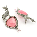 Oxidised Silver Toned Deer Shaped Pink CZ Stone Studded Pearl Beaded Earrings