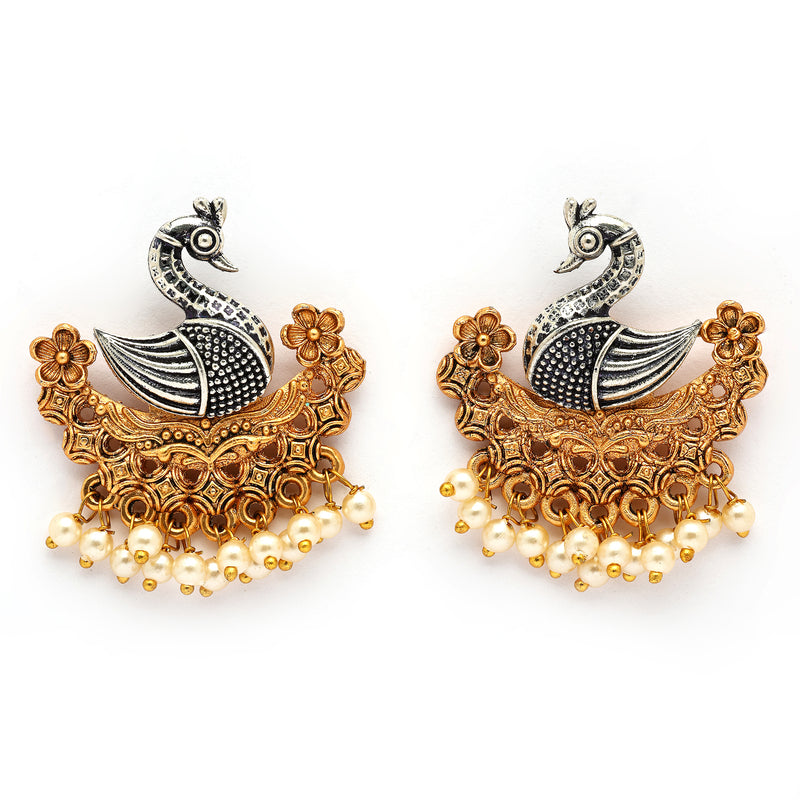 Oxidized Gold Plated Dual Toned Swan Shaped White Pearl Studded Earrings