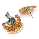 Oxidized Gold Plated Dual Toned Swan Shaped White Pearl Studded Earrings