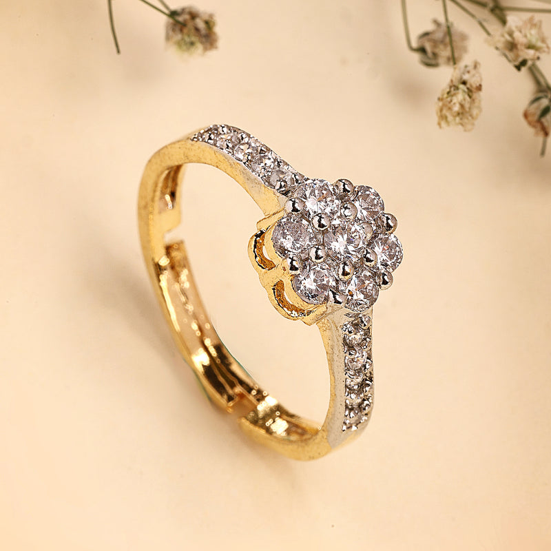 Gold Plated White American Diamond Studded Floral Adjustable Ring