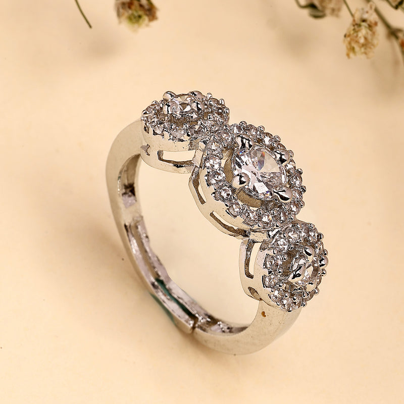 Rhodium Plated Silver Toned Three White American Diamond Studded Adjustable Ring