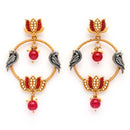 Gold Plated Lotus Shaped Red Stone Studded Pearl Beaded Drop Earrings