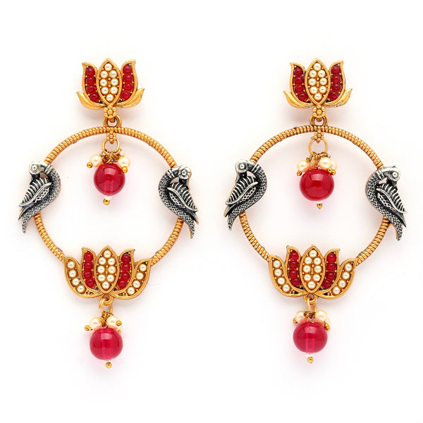 Gold Plated Lotus Shaped Red Stone Studded Pearl Beaded Drop Earrings