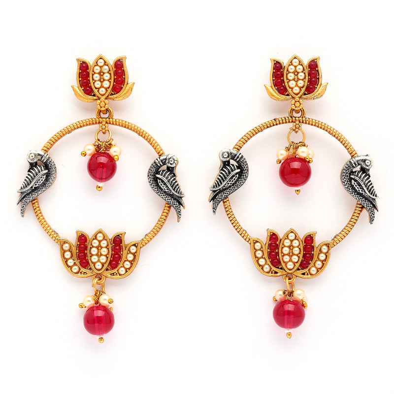 Gold Plated Lotus Shaped Red Stone Studded Pearl Beaded Drop Earrings