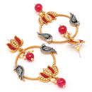 Gold Plated Lotus Shaped Red Stone Studded Pearl Beaded Drop Earrings