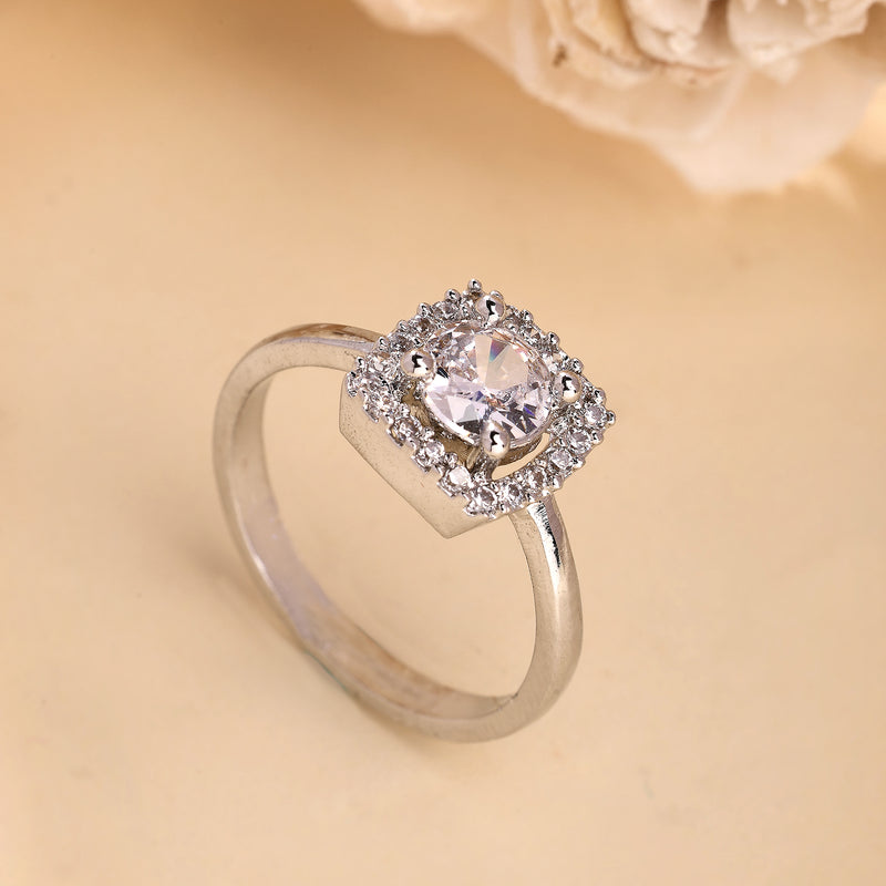 Rhodium Plated Silver Toned Square Shaped White American Diamond Studded Adjustable Ring