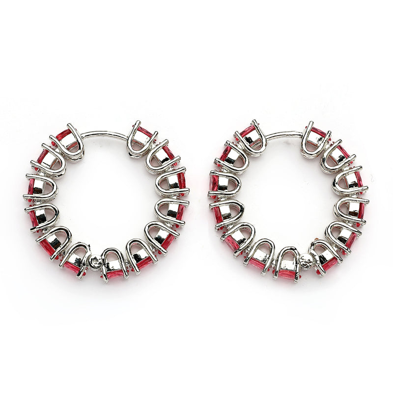 Rhodium Plated Silver Toned Red American Diamond Embellished Hoop Earrings