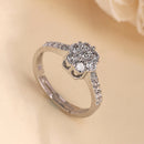 Rhodium Plated Silver Toned White American Diamond Studded Floral Adjustable Ring