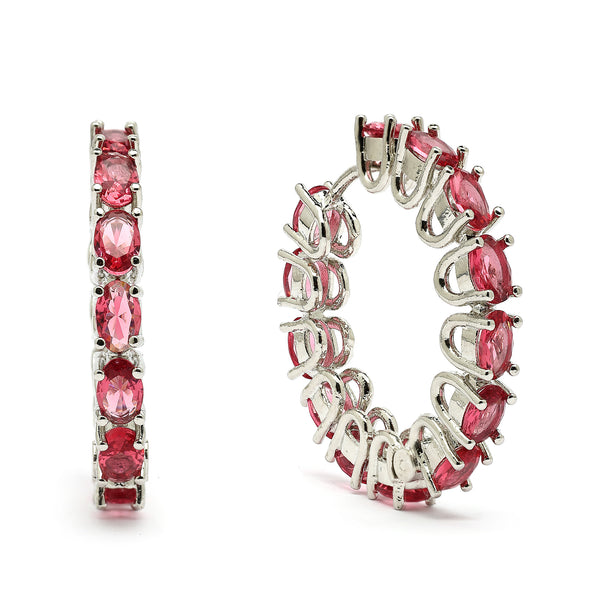 Rhodium Plated Silver Toned Red American Diamond Embellished Hoop Earrings