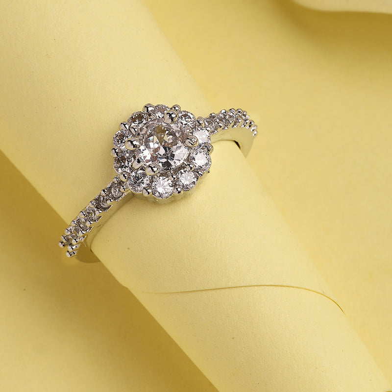 Elegant Rhodium Plated Silver Toned Round Shaped White American Diamond Studded Adjustable Ring