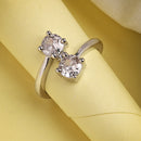 Rhodium Plated Silver Toned Dual White American Diamond Studded Adjustable Ring