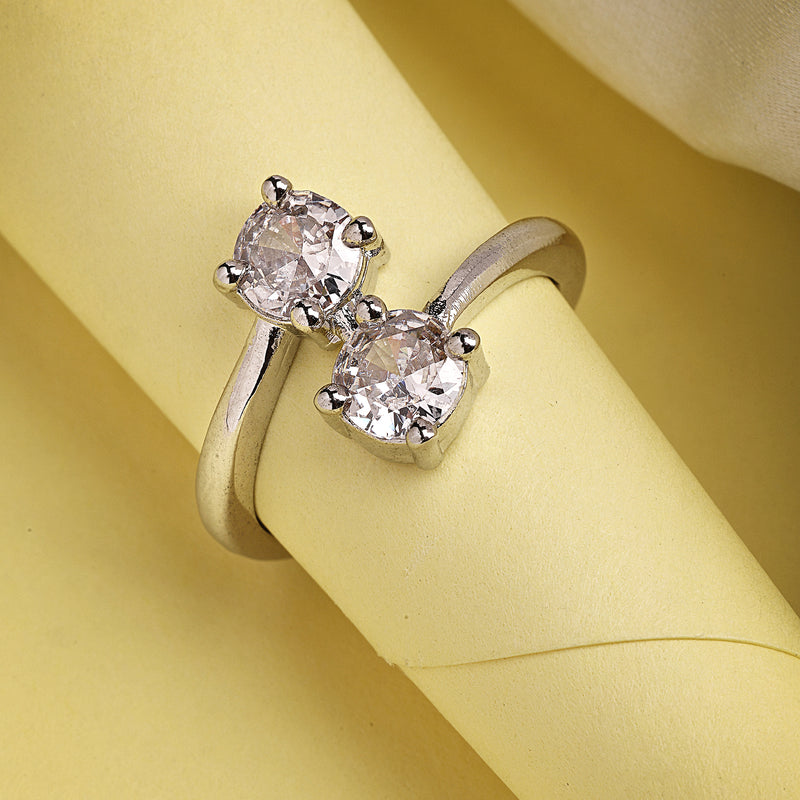 Rhodium Plated Silver Toned Dual White American Diamond Studded Adjustable Ring