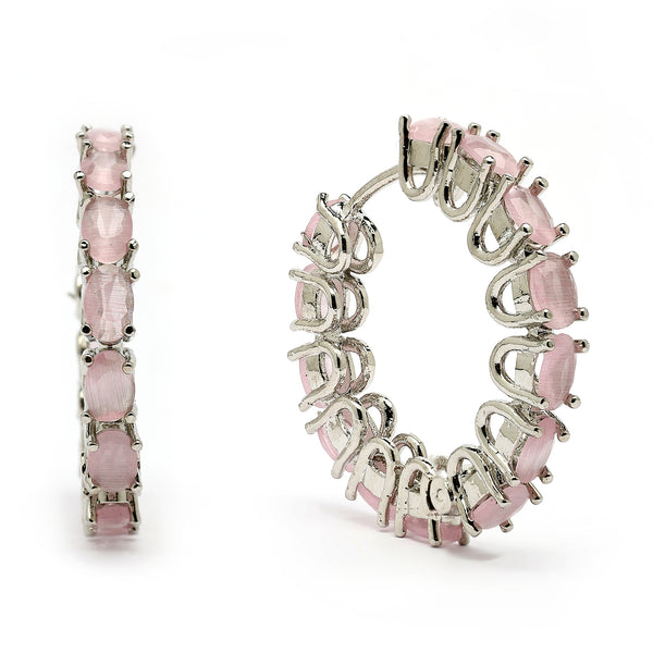 Rhodium Plated Silver Toned Pink American Diamond Embellished Hoop Earrings
