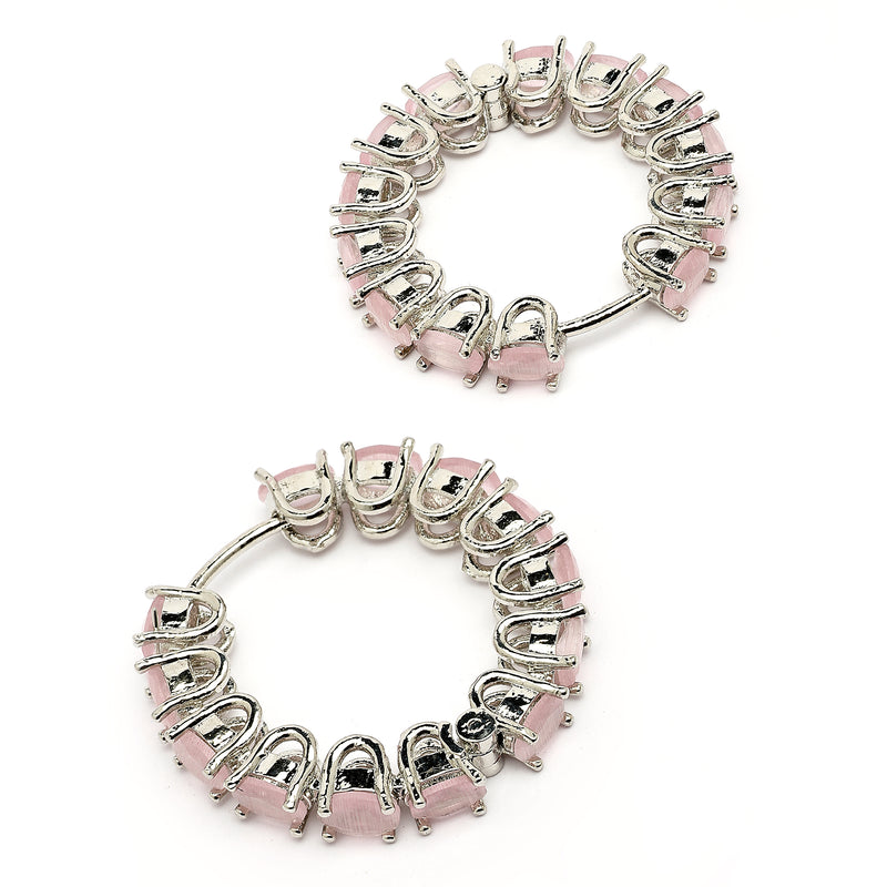 Rhodium Plated Silver Toned Pink American Diamond Embellished Hoop Earrings