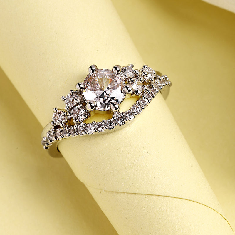 Rhodium Plated Silver Toned Sparkling White American Diamond Studded Adjustable Ring