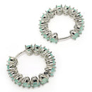 Rhodium Plated Silver Toned Sea Green American Diamond Embellished Hoop Earrings