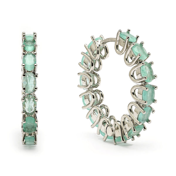 Rhodium Plated Silver Toned Sea Green American Diamond Embellished Hoop Earrings