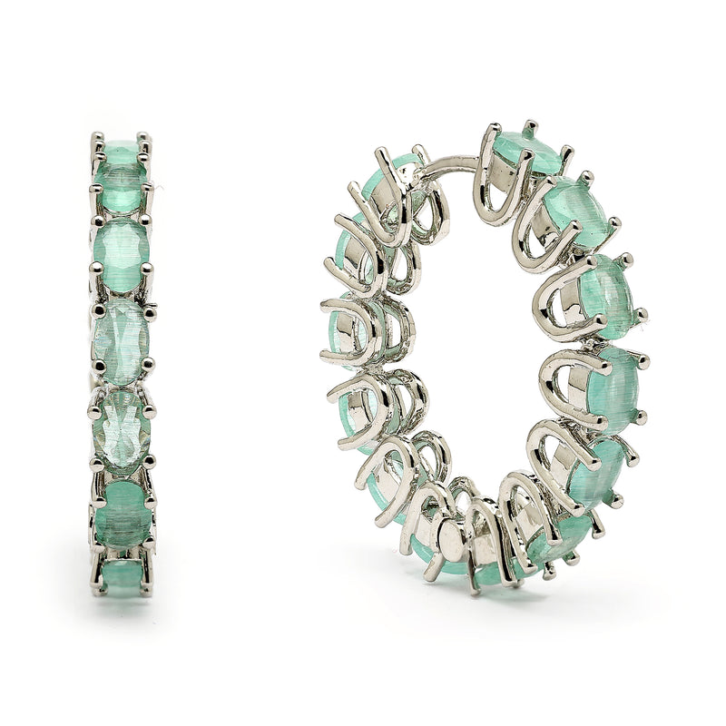 Rhodium Plated Silver Toned Sea Green American Diamond Embellished Hoop Earrings