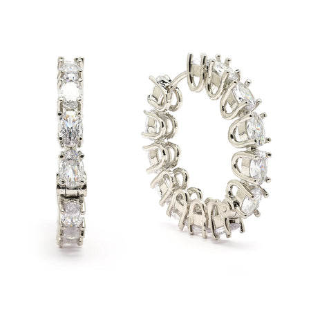 Rhodium Plated Silver Toned White American Diamond Embellished Hoop Earrings