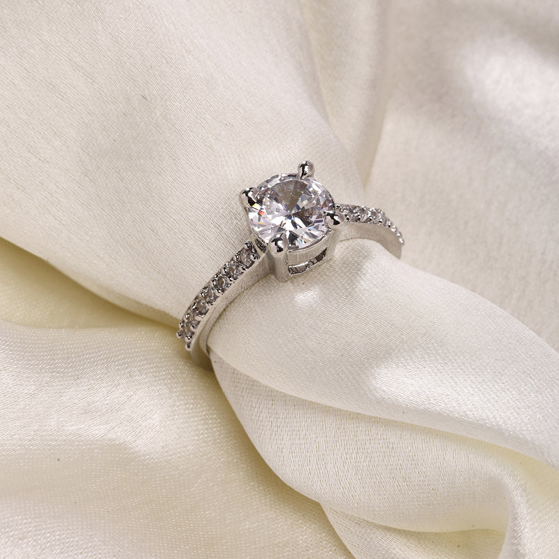 Rhodium Plated Silver Toned White American Diamond Sparkling Studded Adjustable Ring