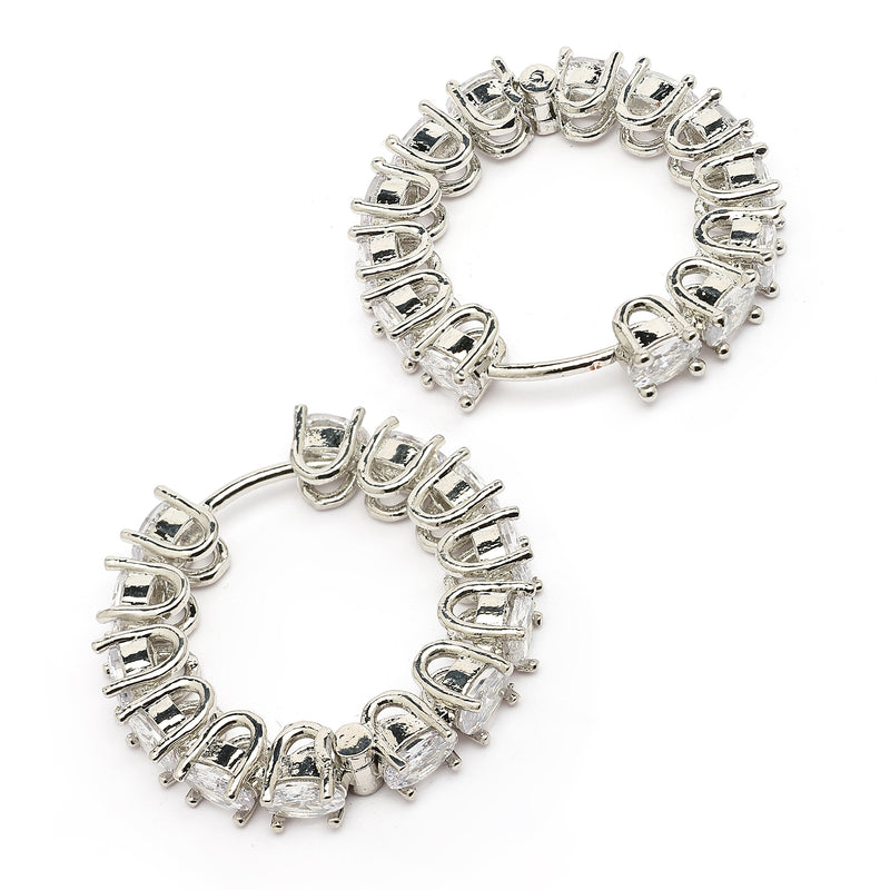 Rhodium Plated Silver Toned White American Diamond Embellished Hoop Earrings