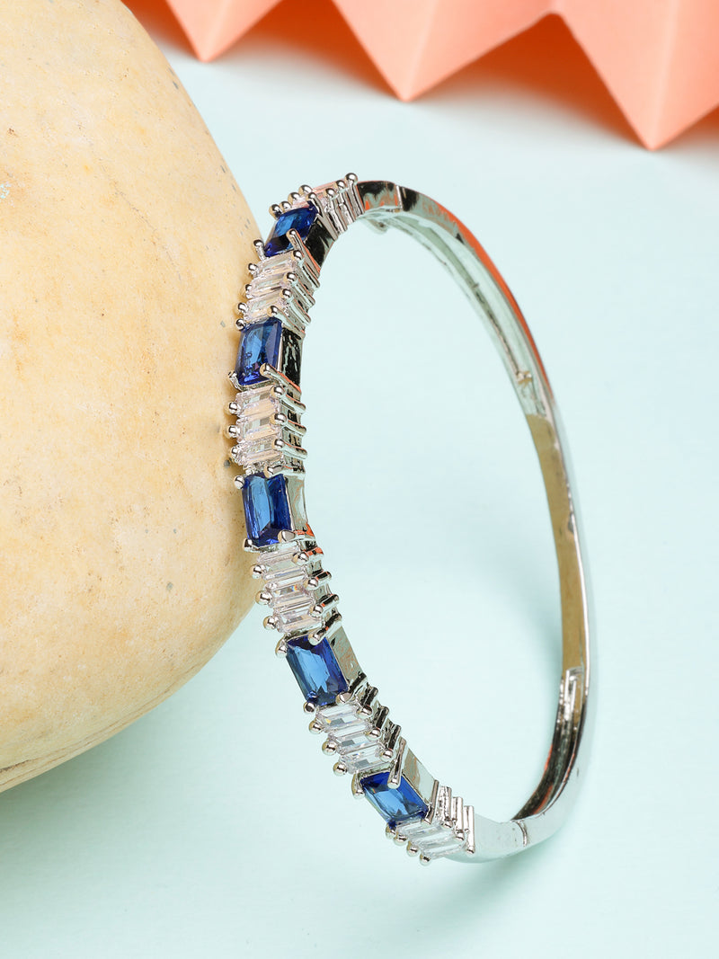 Rhodium Plated with Blue & White American Diamond Studded Kada Bracelet