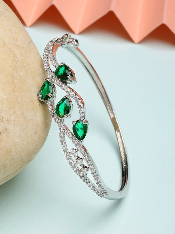 Rhodium Plated with Green American Diamond Studded Leaf Style Design Kada Bracelet