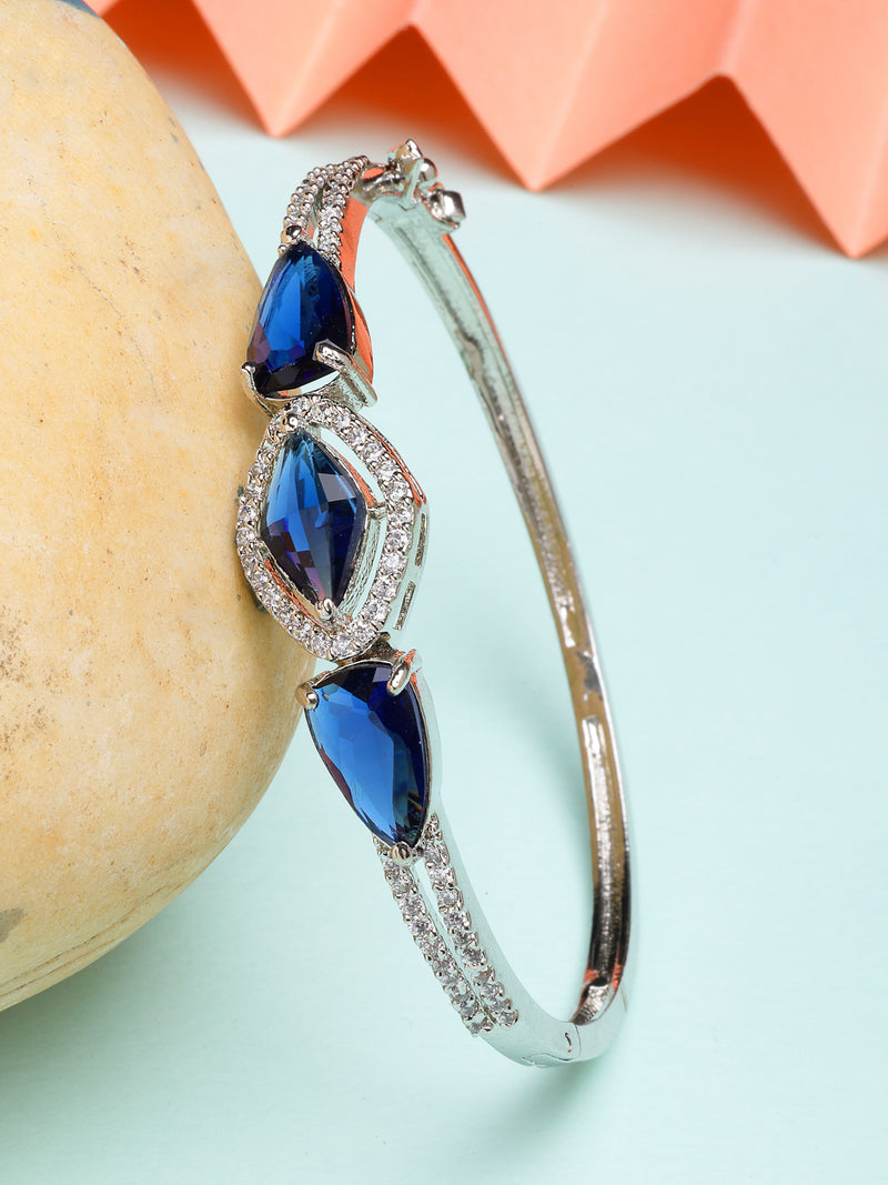 Rhodium Plated with Blue American Diamond Studded Kada Bracelet