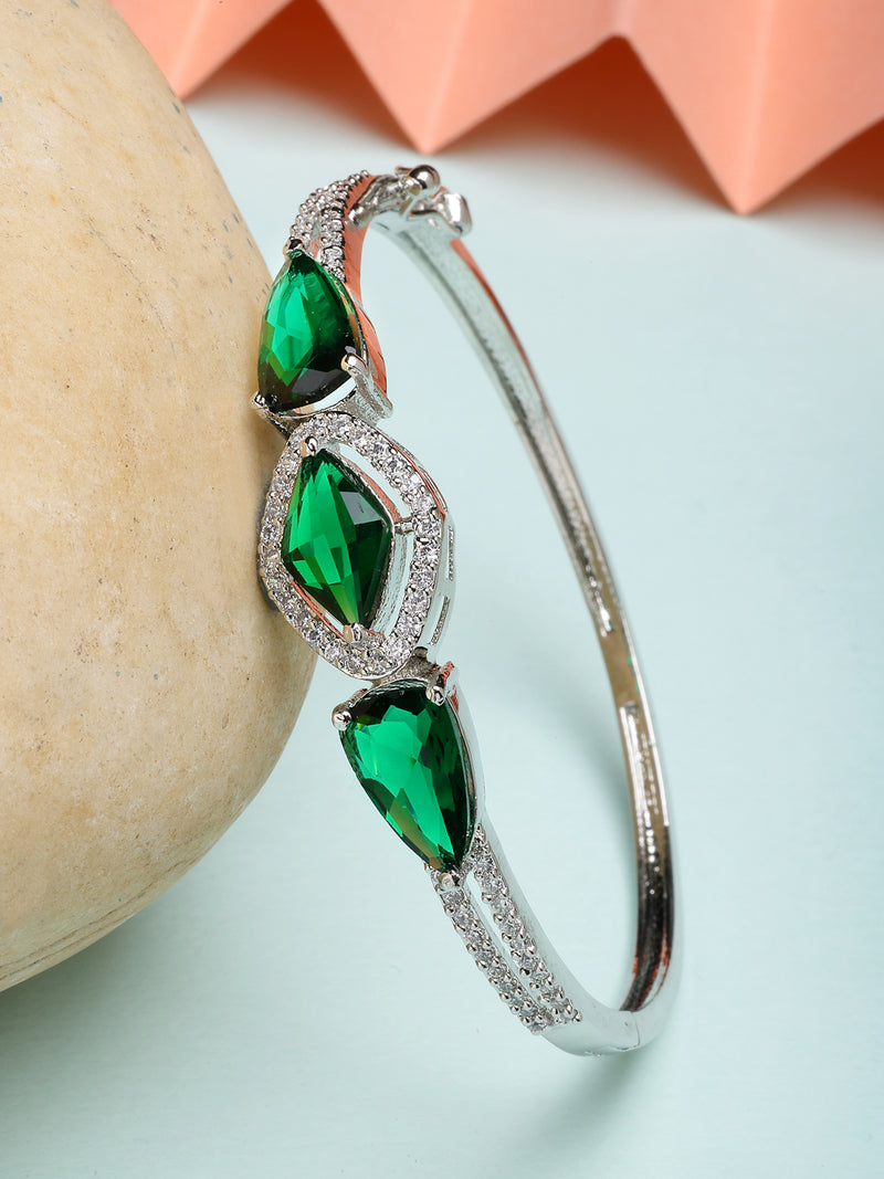 Rhodium Plated with Green American Diamond Studded Kada Bracelet