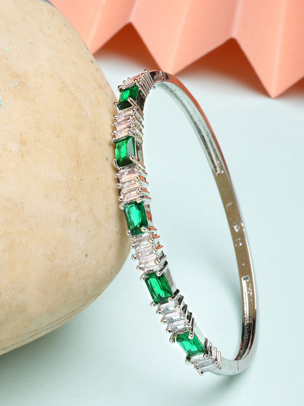 Rhodium Plated with Green & White American Diamond Studded Kada Bracelet