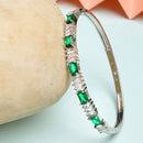 Rhodium Plated Silver Toned Green & White American Diamond Studded Bracelet
