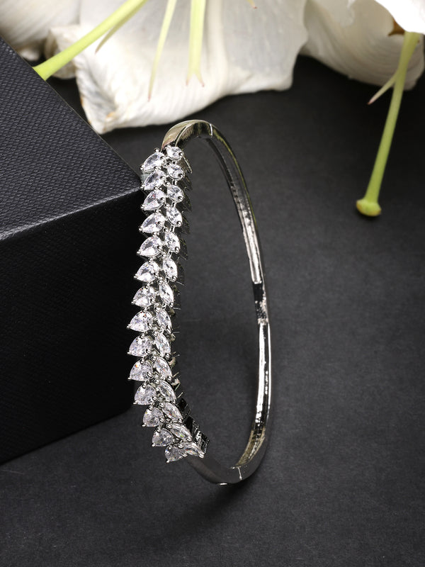 Rhodium Plated with Leaf Shaped Design & White American Diamond Studded Kada Bracelet