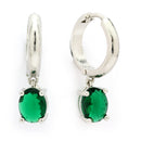Rhodium Plated Silver Toned Oval Shaped Green American Diamond Studded Hoop Earrings