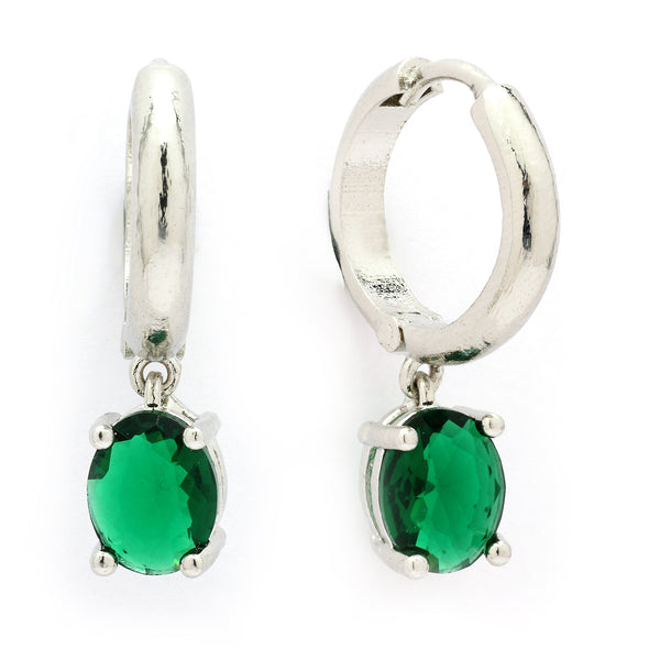 Rhodium Plated Silver Toned Oval Shaped Green American Diamond Studded Hoop Earrings