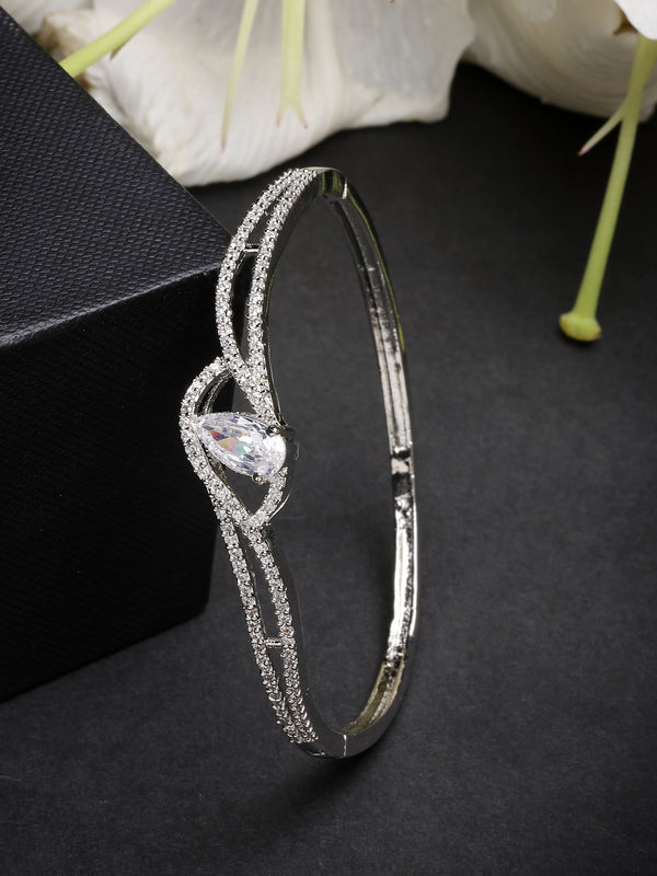 Rhodium Plated with White Tear Drop Shaped American Diamond Studded kada Bracelet