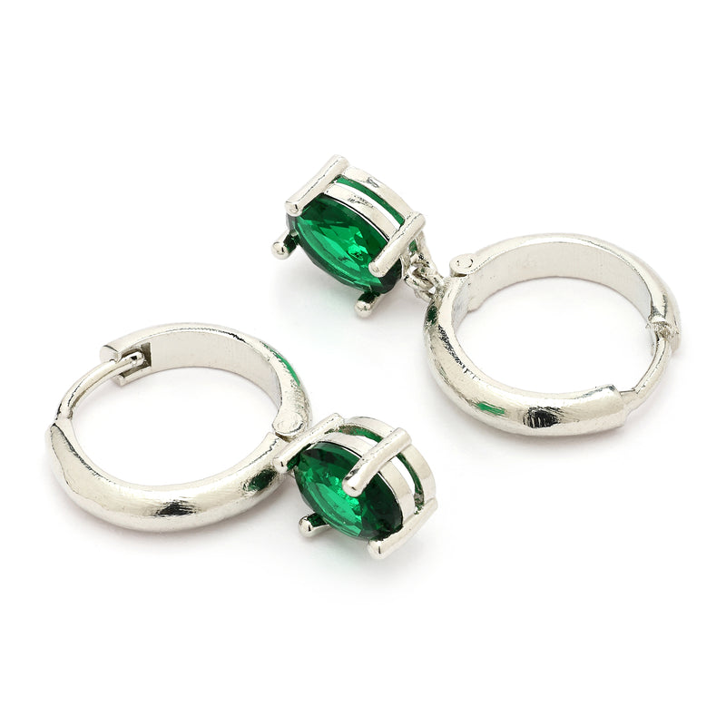 Rhodium Plated Silver Toned Oval Shaped Green American Diamond Studded Hoop Earrings